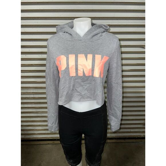 Victoria Secret Pink hoodie crop pullover long sleeve gray with Pink size XS - Picture 1 of 7